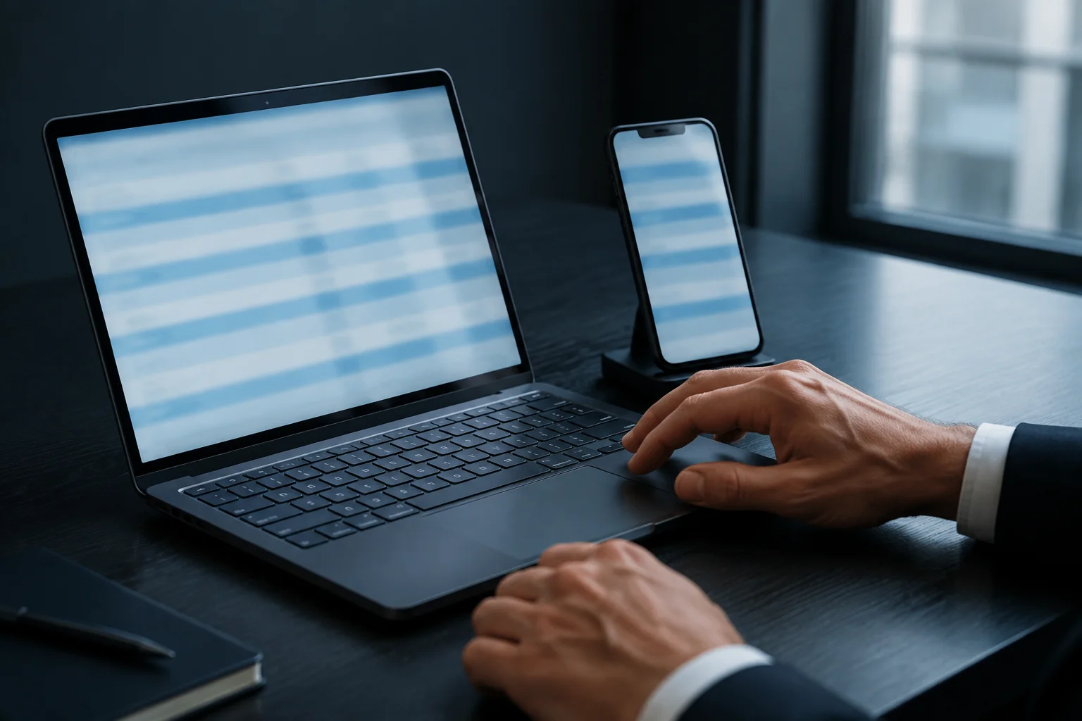 Ambiente de trabalho com dispositivos conectados para apoiar a operação de uma equipe.