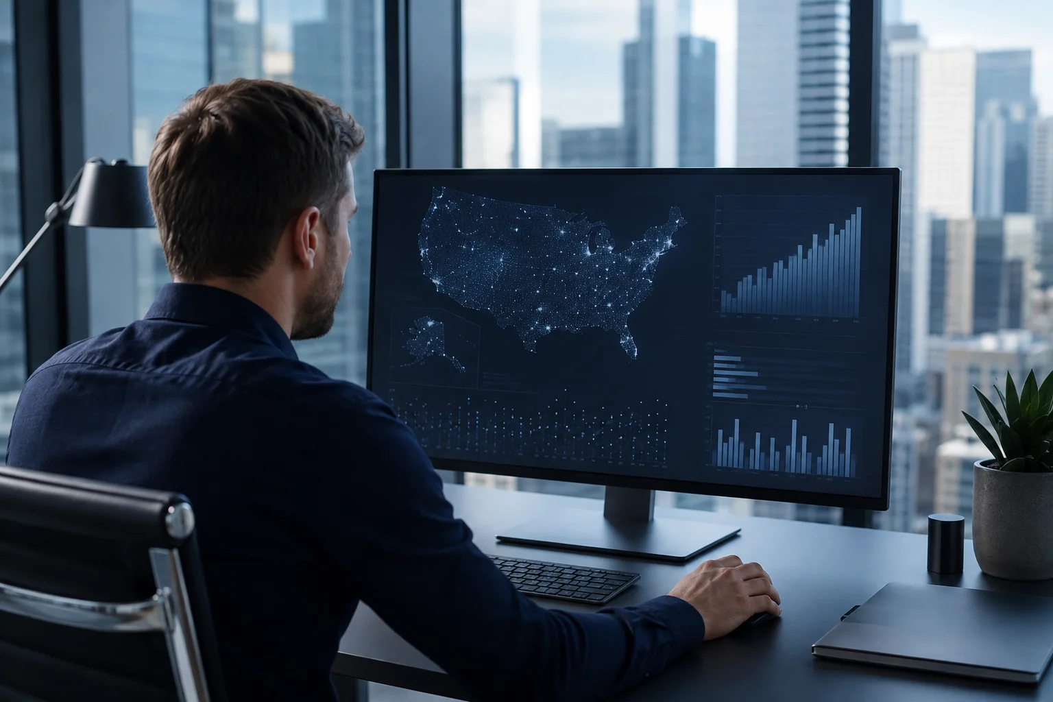 Profissional analisando informações de empresas em um escritório com vista para a cidade.